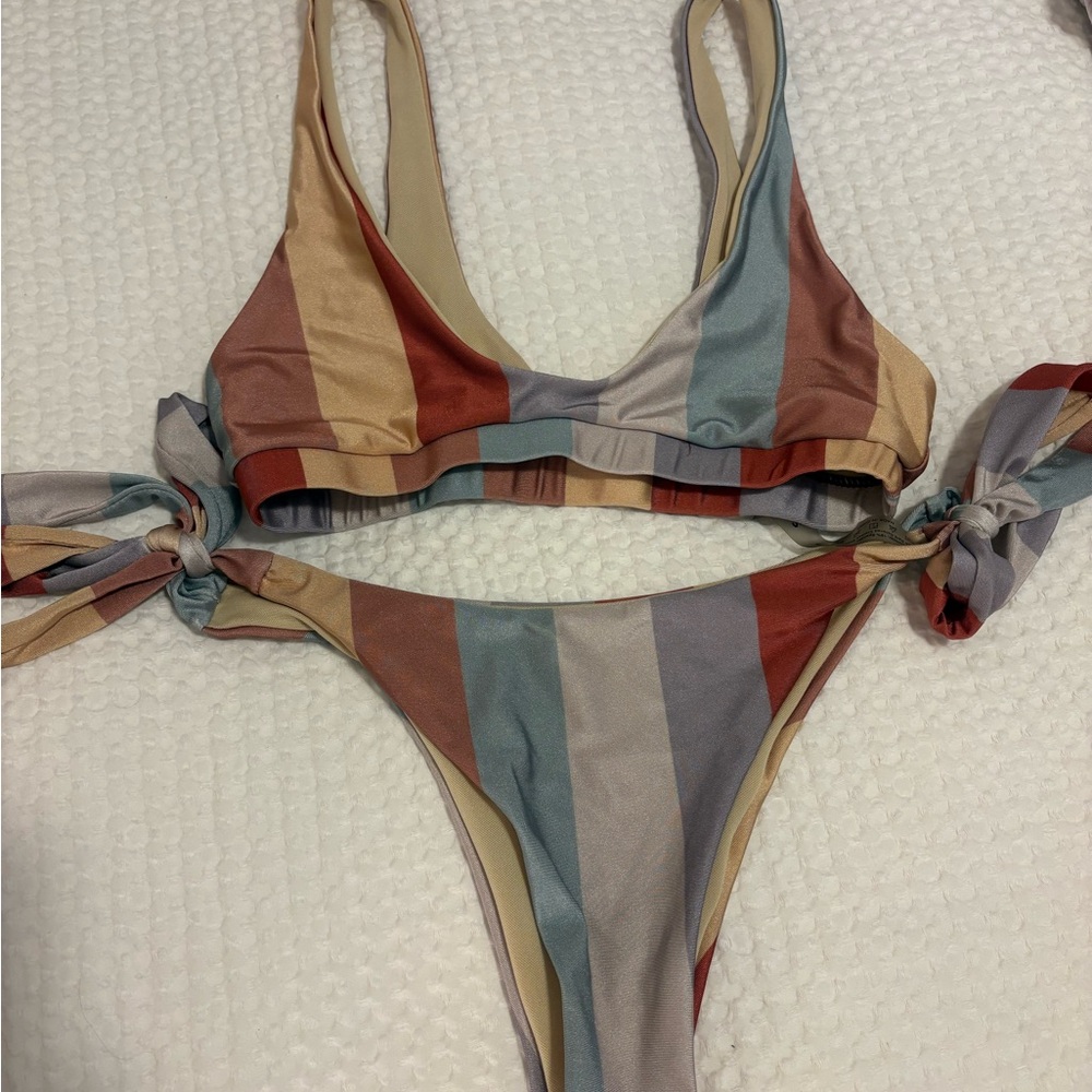 Striped Tie-Side Bikini Set in Muted Multi-Color